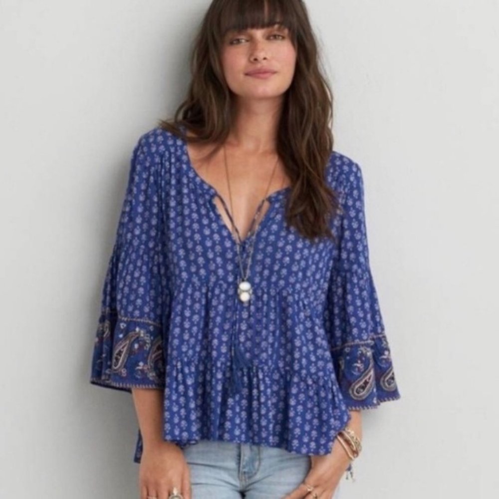 Peasant Blouse with Paisley Print Bell Sleeves
